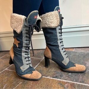 Stylish Denim and Tan Lace-Up Boots